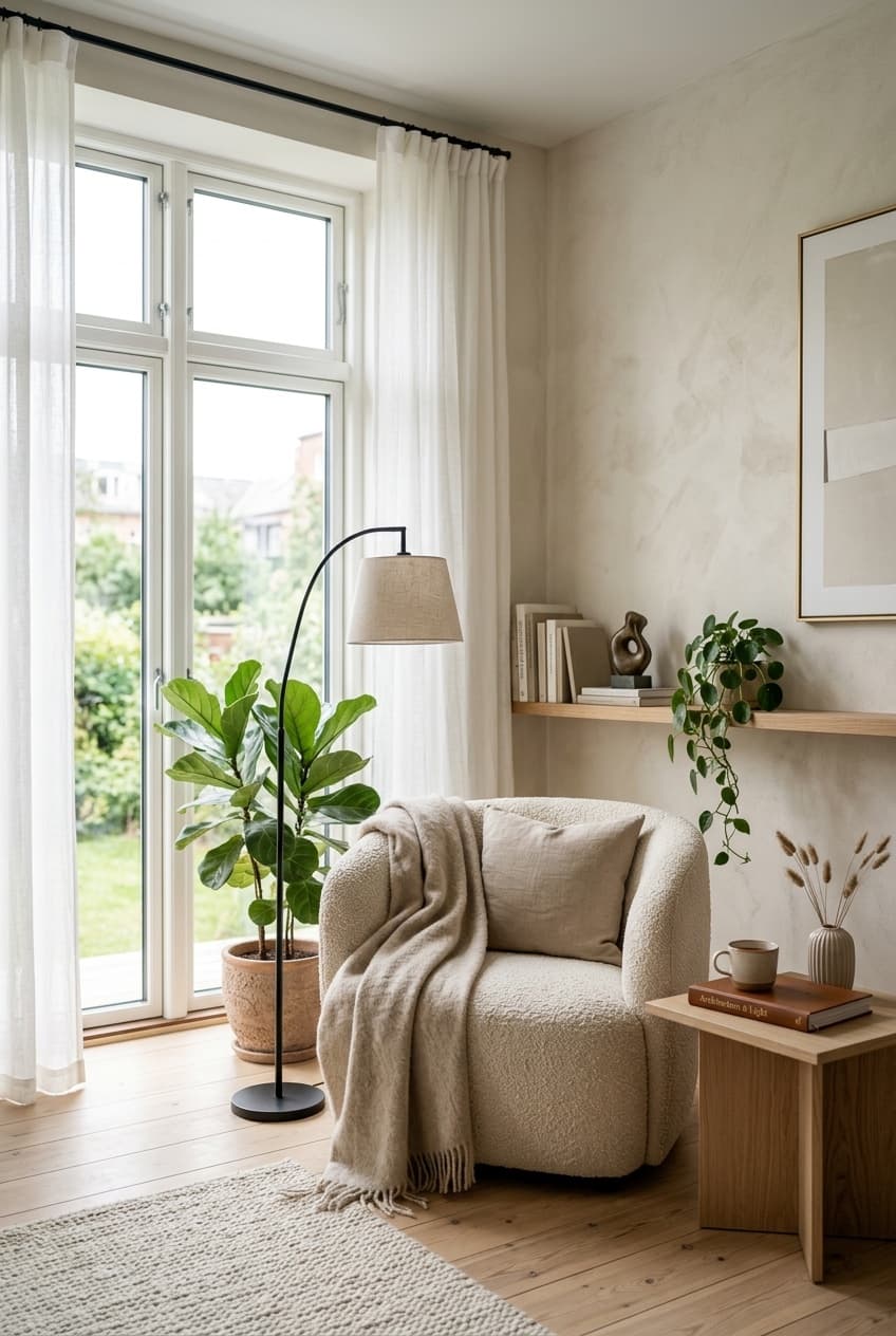 Intérieur contemporain rénové par Domea Rénovation — tons crème, lumière naturelle, finitions premium