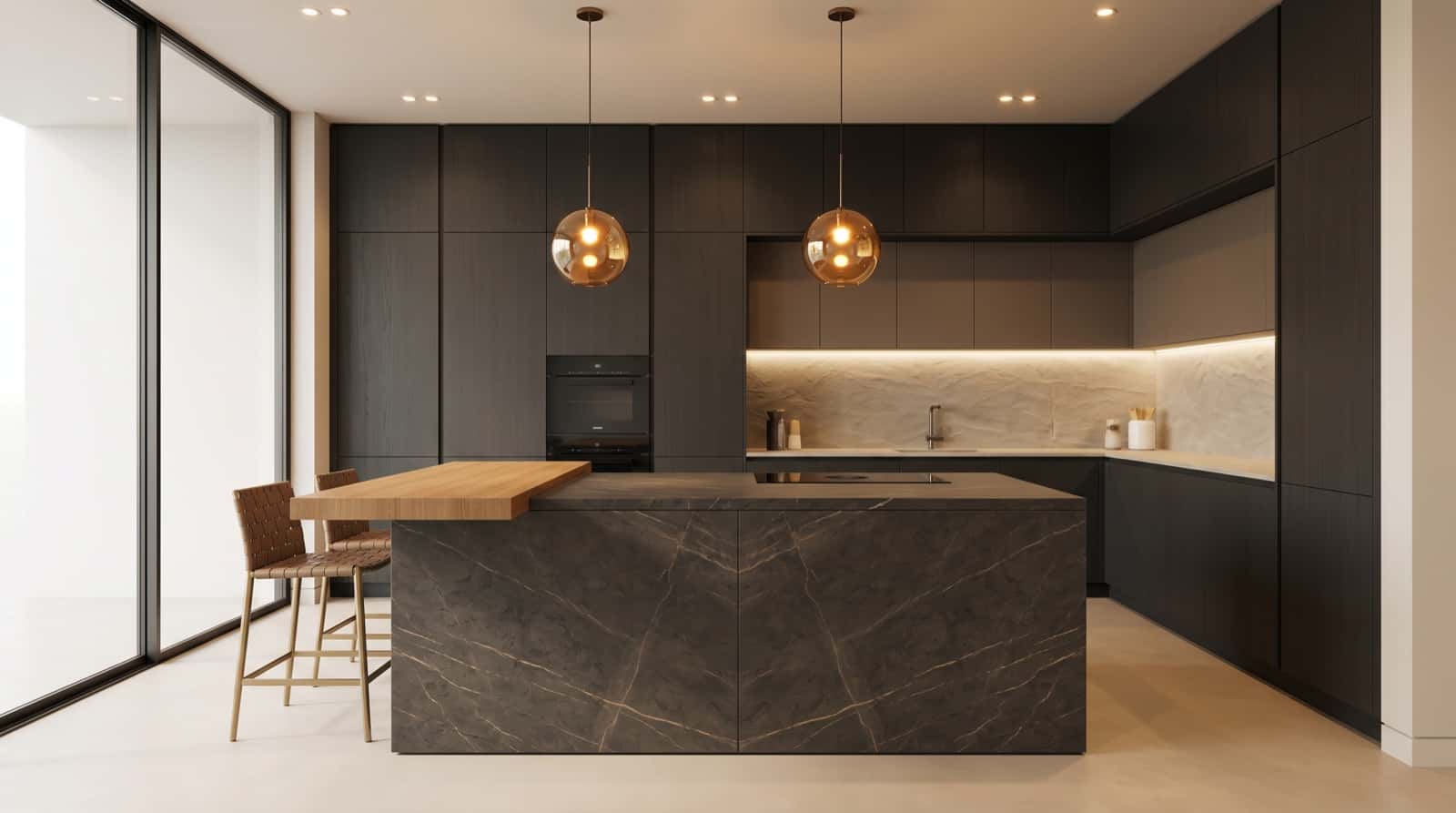 Cuisine ouverte avec îlot central après rénovation par Domea Rénovation